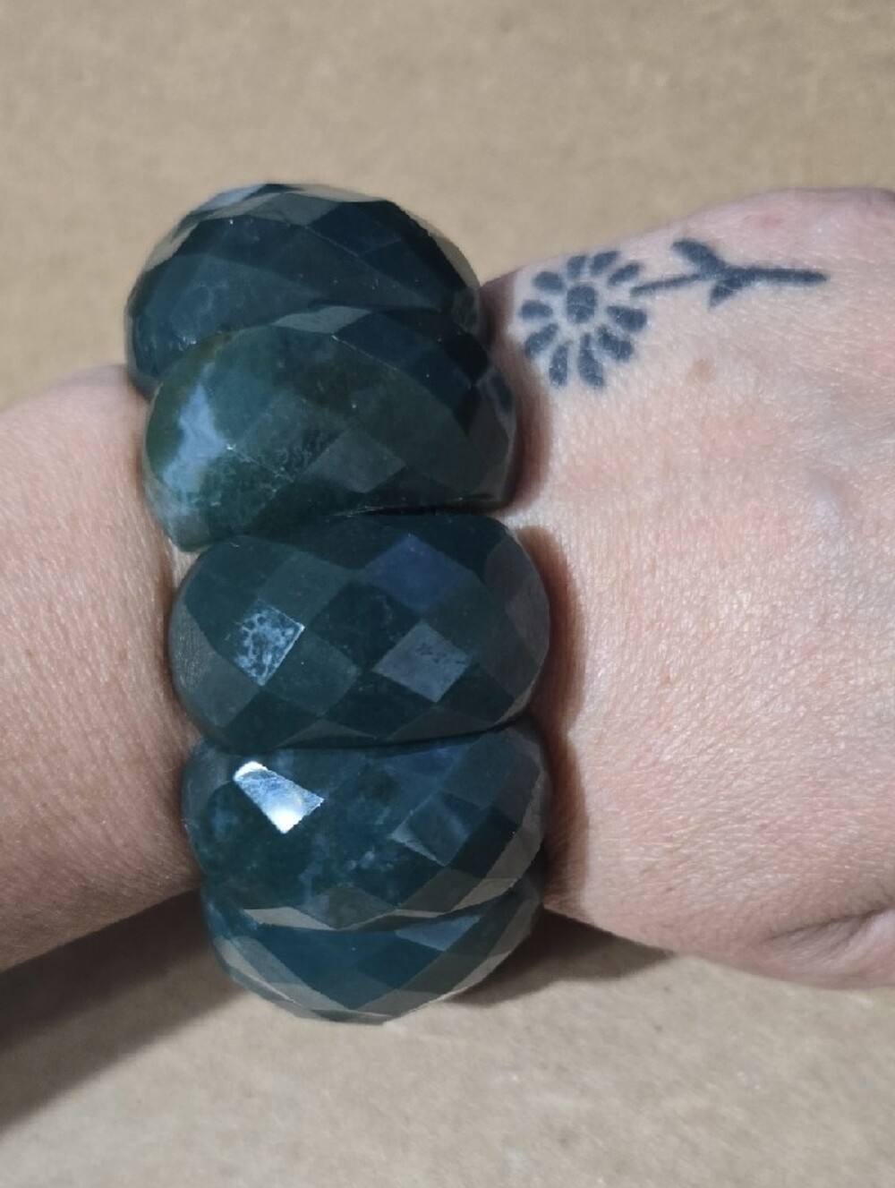 Faceted Green Jasper Stretch Bracelet 1.5 Inch Thick